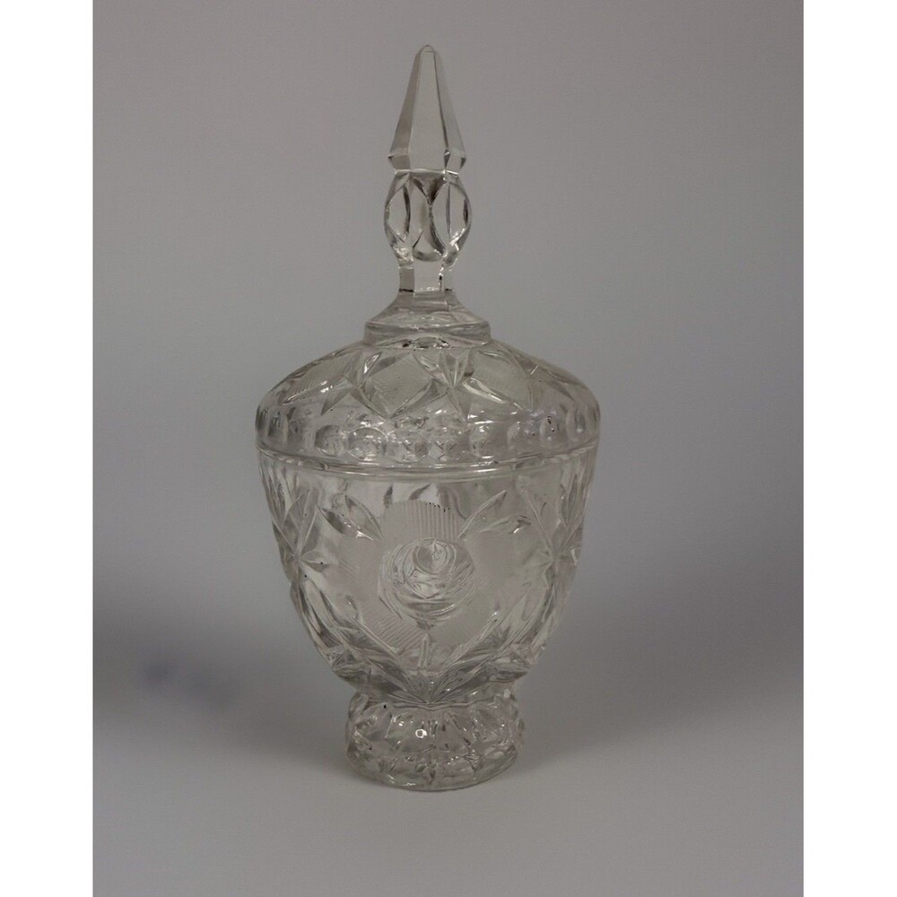 Vintage Heavy Cut Crystal Candy Dish with Lid Frosted Rose Design 7” Tall